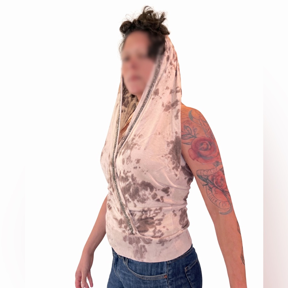 Vertigo Paris - Hooded Tank Top - Brown Cream Beaded 100% Silk - Size M